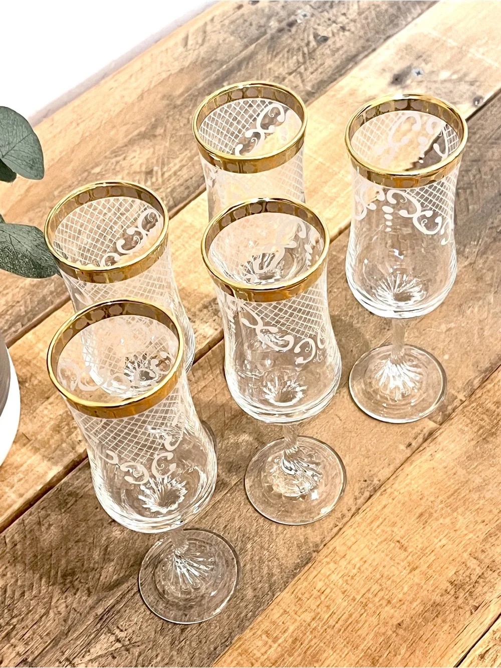 Vintage Handblown Gold Rim Champagne Flutes Twisted Stem Lattice Scroll Set of 5